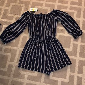 Medium Navy w white stripes romper
